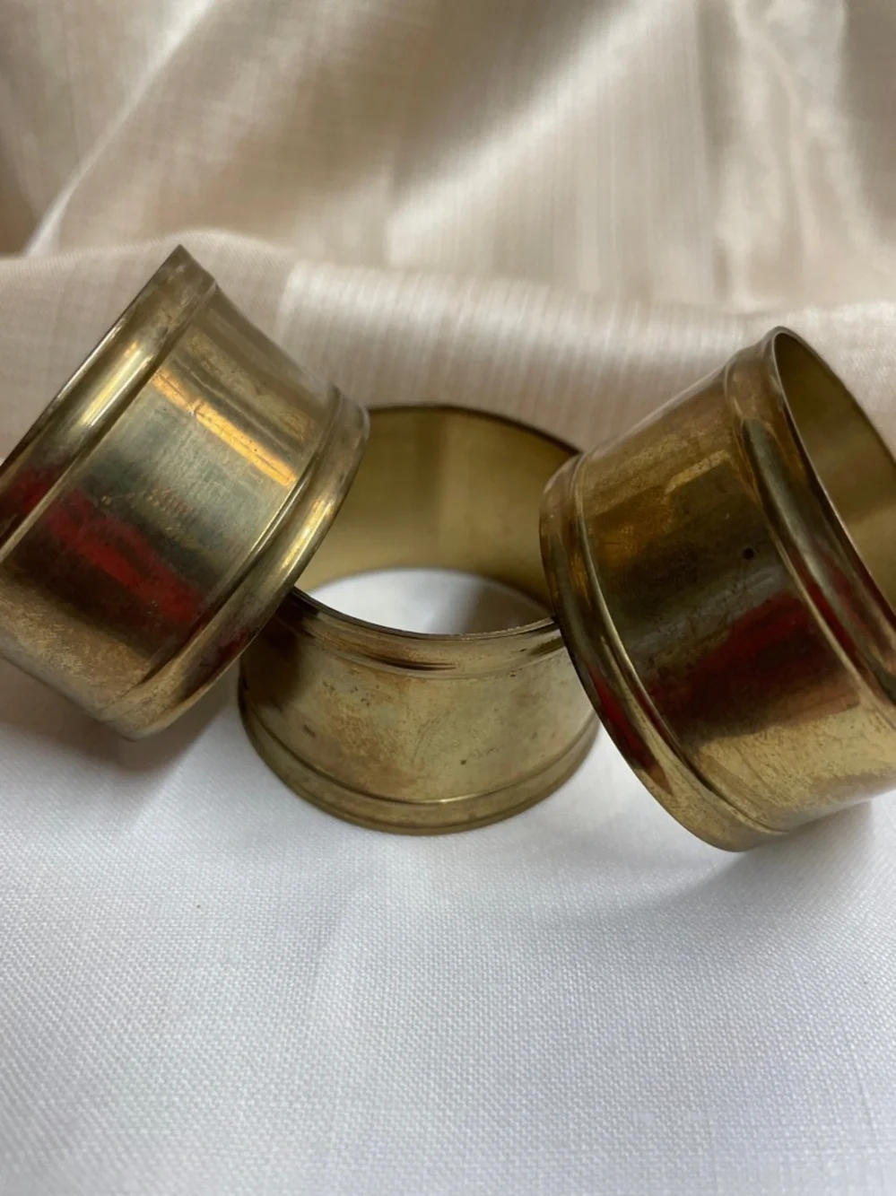 Vintage White Embroidered Linen Napkins with Solid Brass Napkin Rings